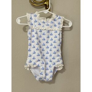 Edgehill Collection Sailboats & Lace Ruffles One Piece Swimsuit Baby Girl 9M Bow